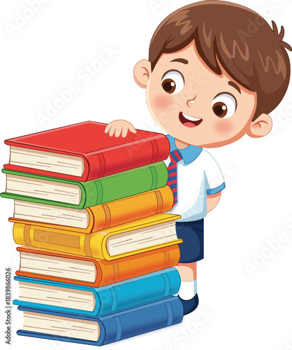 School Boy behind Stack of Books for Education