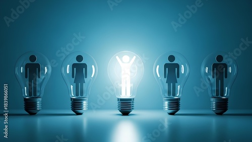Standing out from the crowd A luminous light bulb featuring an empowered individual shines brightly, representing creativity, inspiration, and achieving success