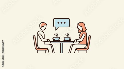 Simple line art icon depicting two people having a conversation over steaming coffee cups at a small table in a minimalist style