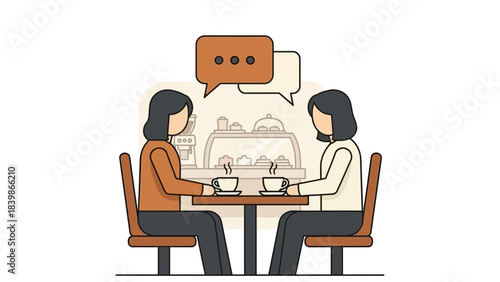 Two women sit across a small table in a cafe enjoying hot beverages and engaging in a lively conversation illustrated in flat design style
