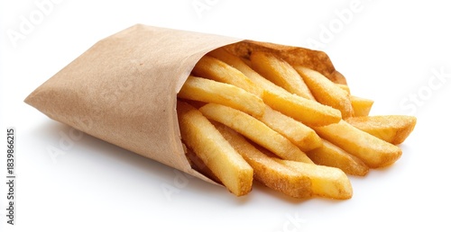 Golden French Fries in Paper Bag.