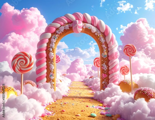 Whimsical scene with a candy-cane archway, clouds, and lollipops