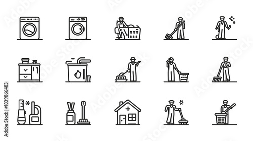 Collection of thin line icons representing various household chores cleaning tasks and professional janitorial services