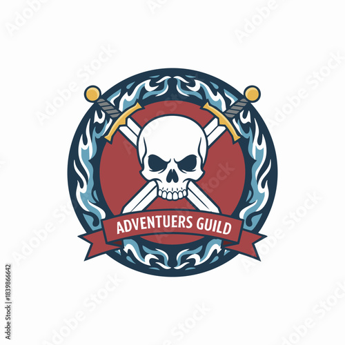 fantasy guild skull and crossed swords emblem