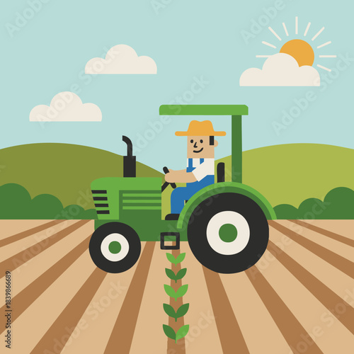 farmer on tractor planting field illustration