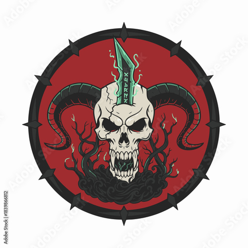 cursed horned skull with runic dagger