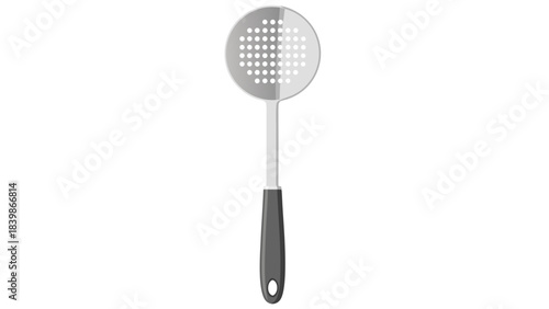 Silver Slotted Spoon with Dark Gray Handle Isolated on Black Background Kitchen Utensil for Draining Food Flat Design Vector Illustration