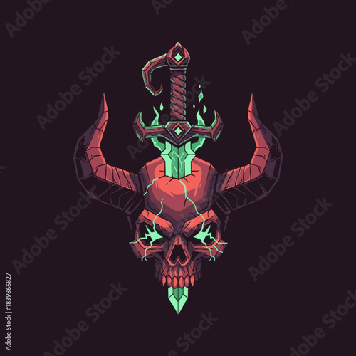 cursed sword in glowing demonic skull