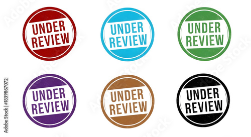 Collection of six grunge-style circular rubber stamps featuring the text 