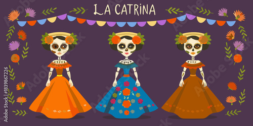Colorful depiction of la catrina skeletons adorned with flowers and festive decorations