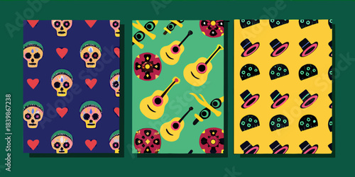 Colorful day of the dead inspired patterns with skulls hearts and guitars