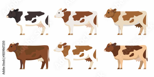 A collection of cartoon cows in various brown and black and white shades