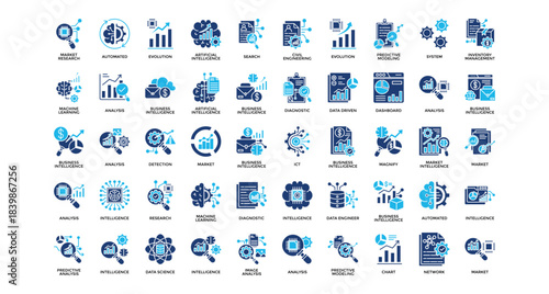 Business Intelligence icon set collection. Containing statistics, evolution, increase, progress, intelligence, report, brain .Solid vector icons collection