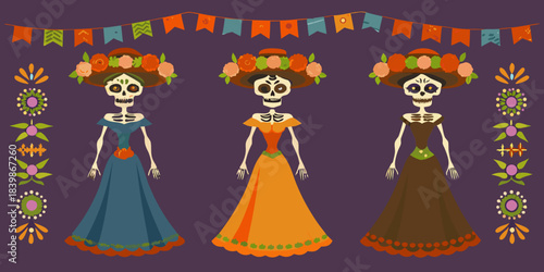 Three elegant calavera women in colorful dresses with festive decorations
