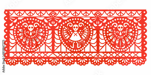 Intricate red papel picado banner with skull and floral designs