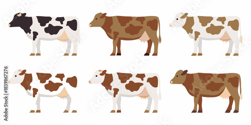 Illustrative depiction of six cows in various colors and patterns