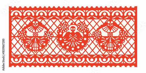 Intricate red papel picado banner design with skull and floral motifs