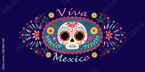 Colorful sugar skull with flowers and the words viva mexico on a dark background