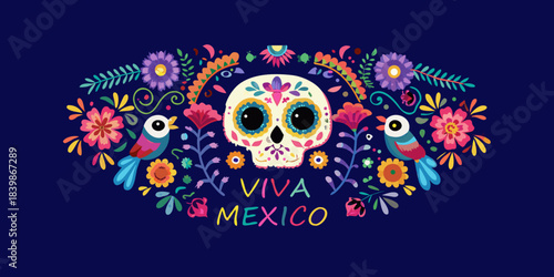 Colorful sugar skull with floral decorations and birds a vibrant day of the dead design