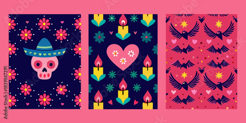 Colorful day of the dead themed patterns with skulls candles and birds