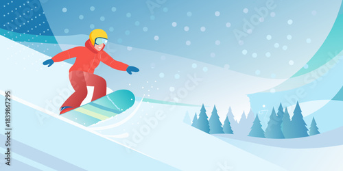 A vibrant illustration of a snowboarder enjoying a snowy mountain descent