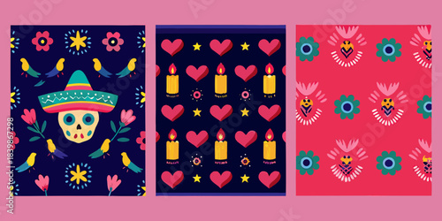 Colorful day of the dead patterns with skulls candles and floral designs