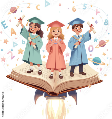 Graduation Kids Flying on a Rocket Book for School Achievement