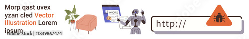 Cybersecurity, online safety, digital protection, artificial intelligence, malware, threats. AI robot pointing to malware alert. Cybersecurity and online safety concept