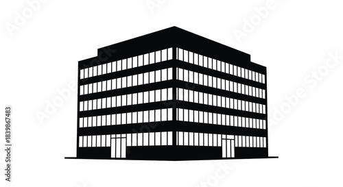 A stark modern office building with a repetitive window pattern presented as a silhouette