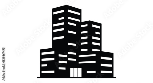A stark depiction of modern architecture with a minimalist black shape silhouette