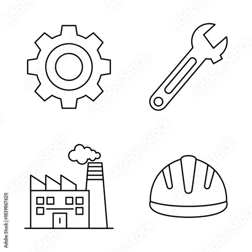 Industrial Engineering Icons Gear, Wrench, Factory, and Hard Hat - a versatile set for industry, construction, and manufacturing projects