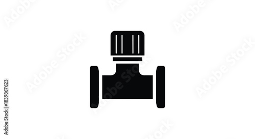 A stark black outline of an industrial valve component against a white backdrop silhouette