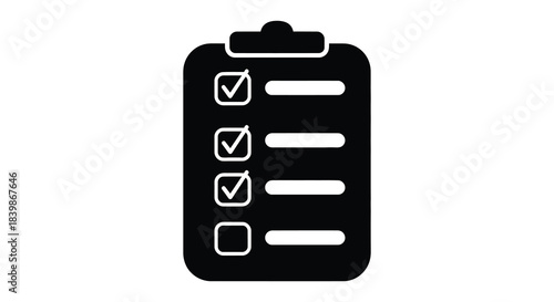 A black clipboard icon with several checkboxes some checked presented as a silhouette