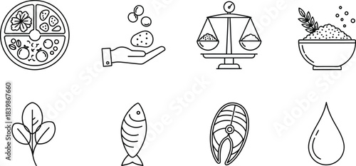 Eight essential healthy food and nutrition line vector icons for diet, wellness, and mindful living isolated on white background