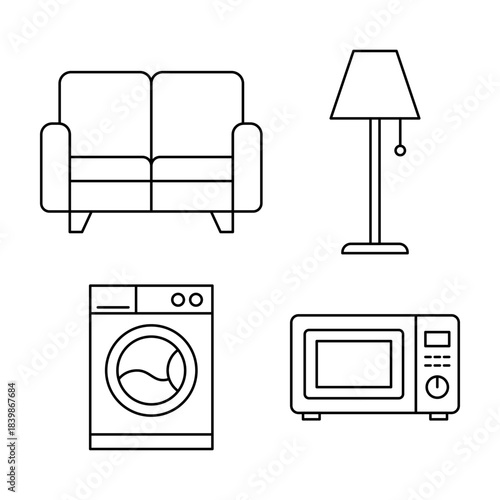 Minimalist line art icon set of home furniture and appliances. This vector collection includes a sofa, floor lamp, washing machine, and microwave