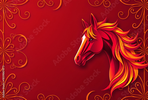 Vibrant Red and Gold Stylized Horse Head Portrait on Intricate Patterned Chinese New Year Background.