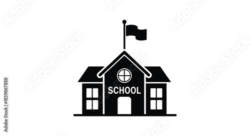 A simple black silhouette of a school building with a flag waving a classic design silhouette
