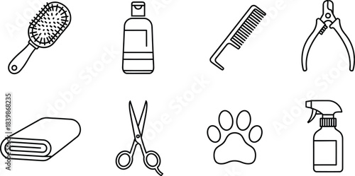 Pet grooming tools vector icon set with brush comb shampoo scissors towel and paw print isolated on white background
