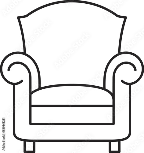 Black and white outline of a classic armchair with rolled arms and a high back furniture