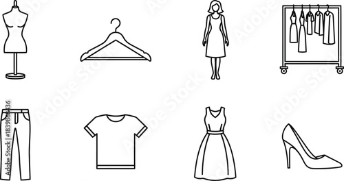 Set of eight clothing and fashion outline vector icons including apparel accessories and a mannequin isolated on white background