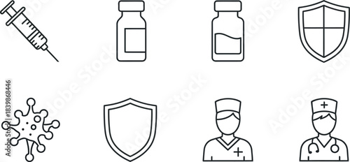Set of eight medical and healthcare outline vector icons including syringe virus shield and doctor isolated on white background