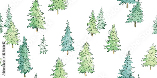 Soft watercolor seamless pattern of scattered pine and Christmas trees in various shades of green on a clean white background for winter design.