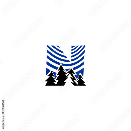 A clean pine forest silhouette blended with a bold alphabet background. Ideal for nature brands, outdoor adventure logos, camping identity, and minimalist eco-themed monograms.