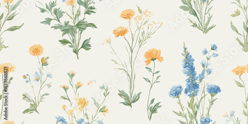 Delicate vintage-style watercolor seamless pattern of wild meadow flowers in soft yellows, blues, and greens on a light cream background.