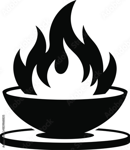 Black icon of a bowl with flames and a circular base on white fire burning