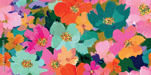 Vibrant abstract seamless pattern of textured brushstroke flowers in a bold, colorful palette of pink, orange, turquoise, and purple.