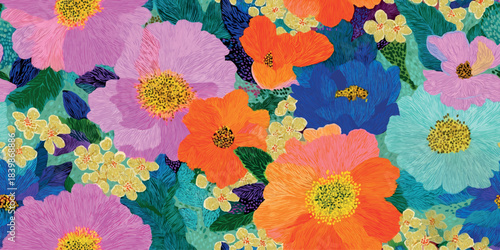 Vibrant abstract seamless pattern of textured brushstroke flowers in a bold, colorful palette of pink, orange, turquoise, and purple.