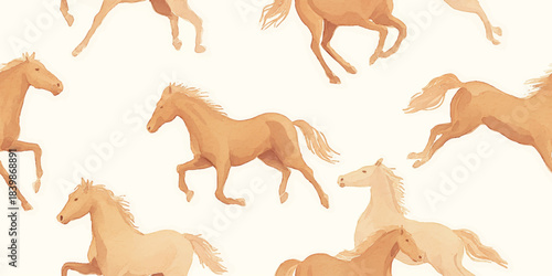 Watercolor running horses seamless pattern for fabrics, textiles, and home decor, capturing a gentle, natural equestrian theme