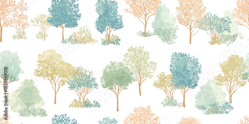 Delicate watercolor spring forest tree seamless pattern for gentle fabrics, wallpapers, and ethereal stationery