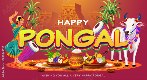 Happy Pongal Festival Illustration with Indian Female Dancers, Decorated Cow, Traditional Pot and Harvest Elements in Bright Festive Background